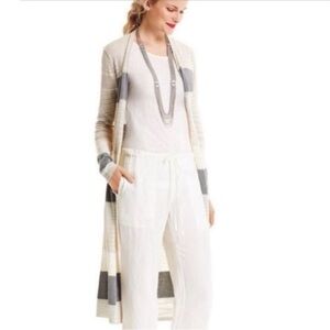 CAbi 5018 EUC Vineyard Striped White Cream Gray Duster Long Cardigan Spring Knit